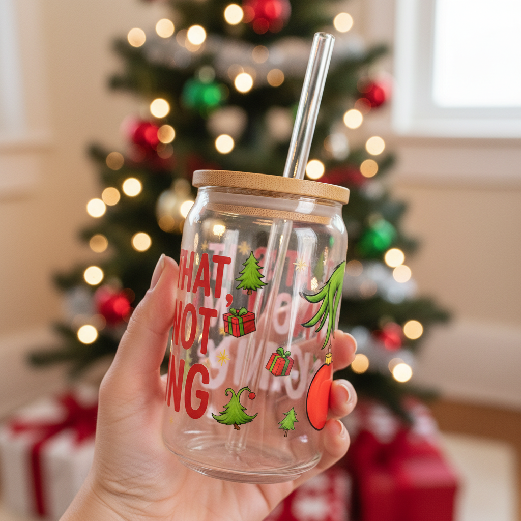 “That’s It, I’m Not Going” Christmas Slipper Glass Cup – 16oz with Bamboo Lid & Straw