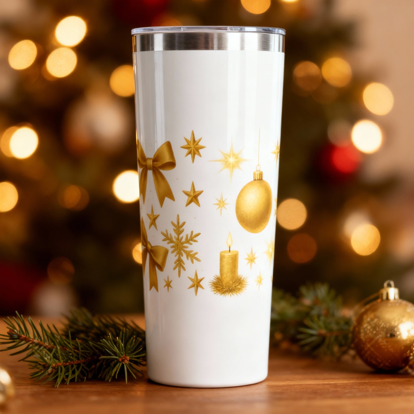 Golden Candle & Stars 22oz Tumbler – Elegant Christmas Drinkware