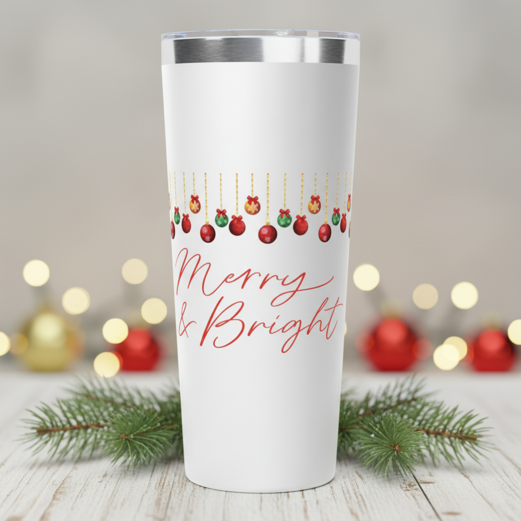 Merry & Bright 22oz Christmas Tumbler – Ornament Garland Holiday Cup