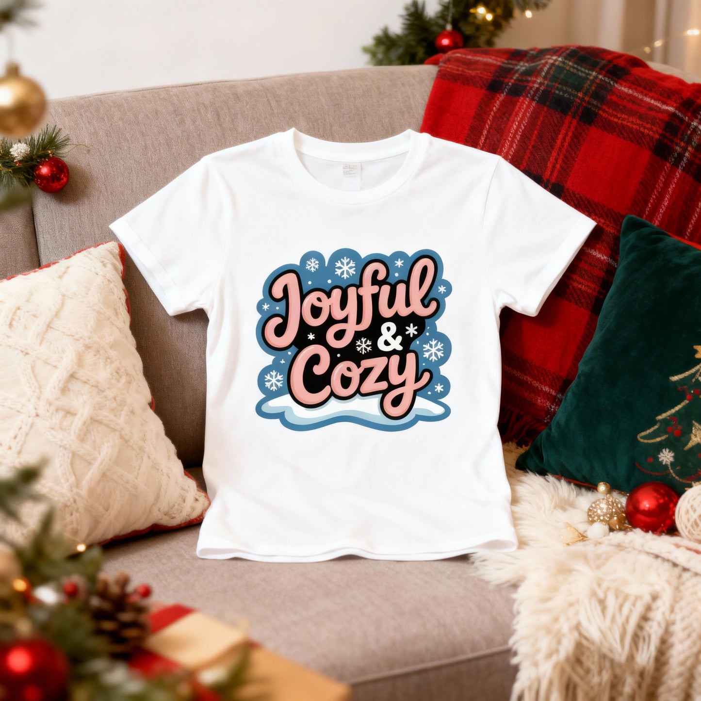 Joyful & Cozy T-Shirt – Pastel Snowflake Winter Tee