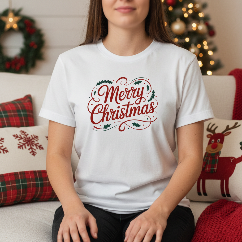 Merry Christmas T-Shirt – Classic Red & Green Holiday Script Tee