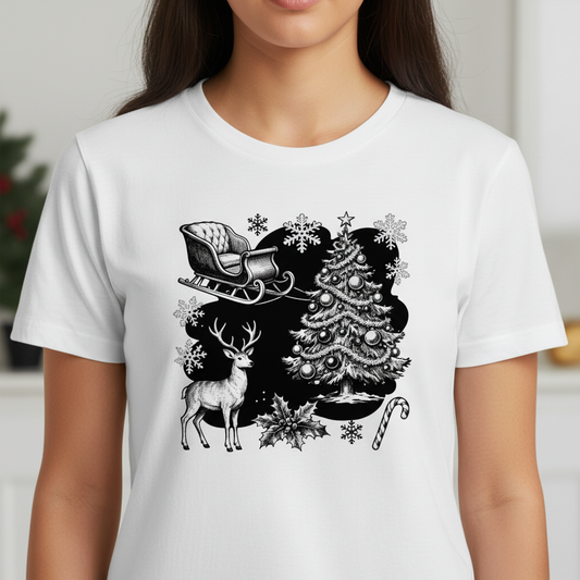 Vintage Christmas Scene T-Shirt – Classic Holiday Sketch Tee
