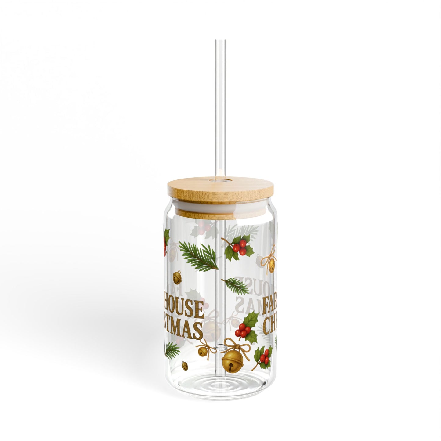 Farmhouse Christmas Slipper Glass – 16oz with Bamboo Lid & Straw
