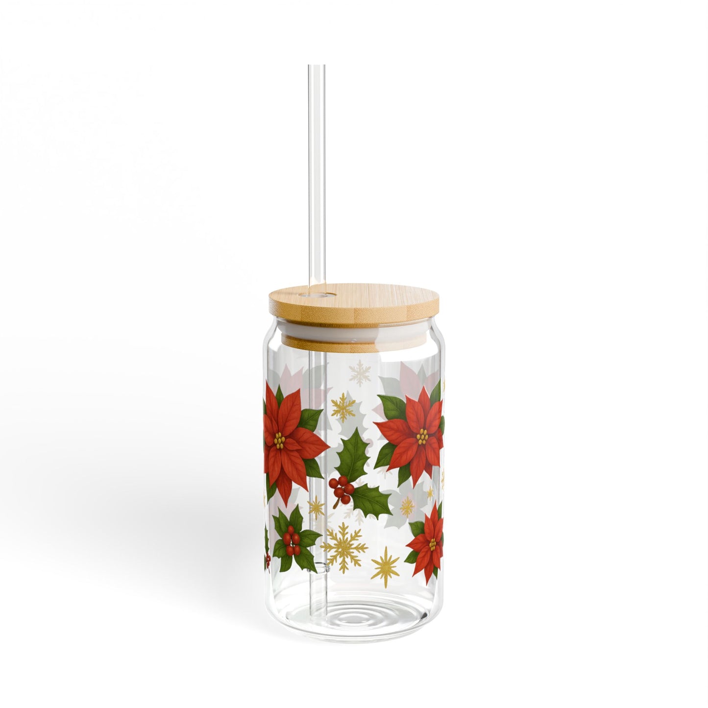 Poinsettia Christmas Slipper Glass – 16oz with Bamboo Lid & Straw