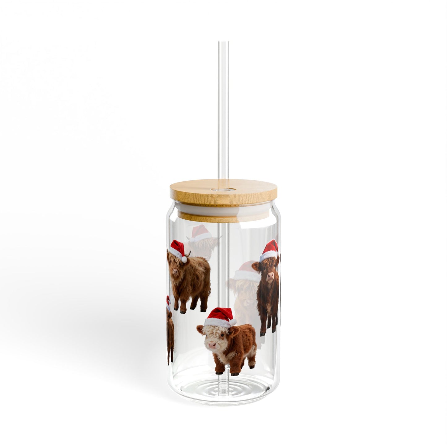 Highland Cow Christmas Glass Cup – 16oz Sipper with Bamboo Lid & Straw