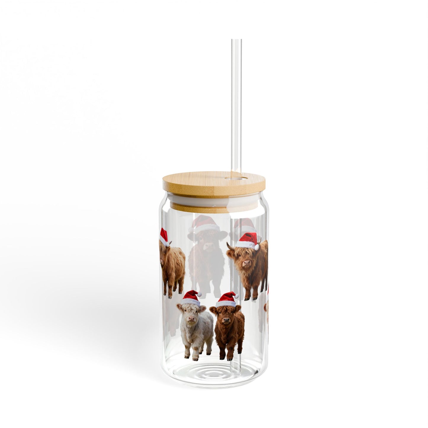 Highland Cow Christmas Glass Cup – 16oz Sipper with Bamboo Lid & Straw