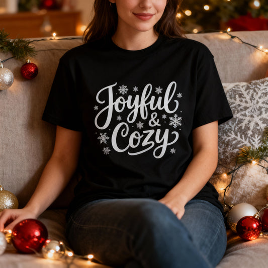 Joyful & Cozy T-Shirt – Winter Snowflake Holiday Tee