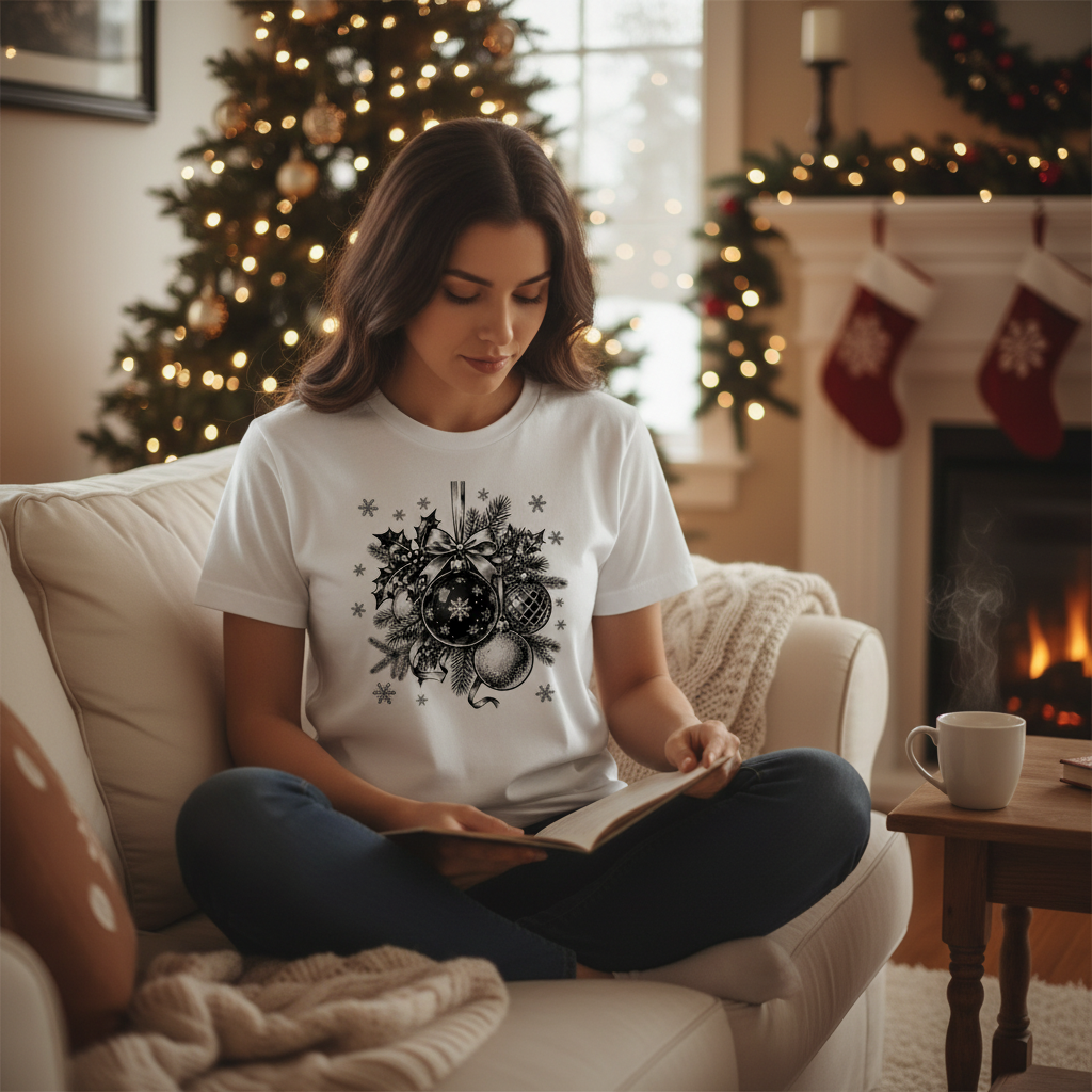 Vintage Ornament Sketch T-Shirt – Elegant Christmas Holiday Tee