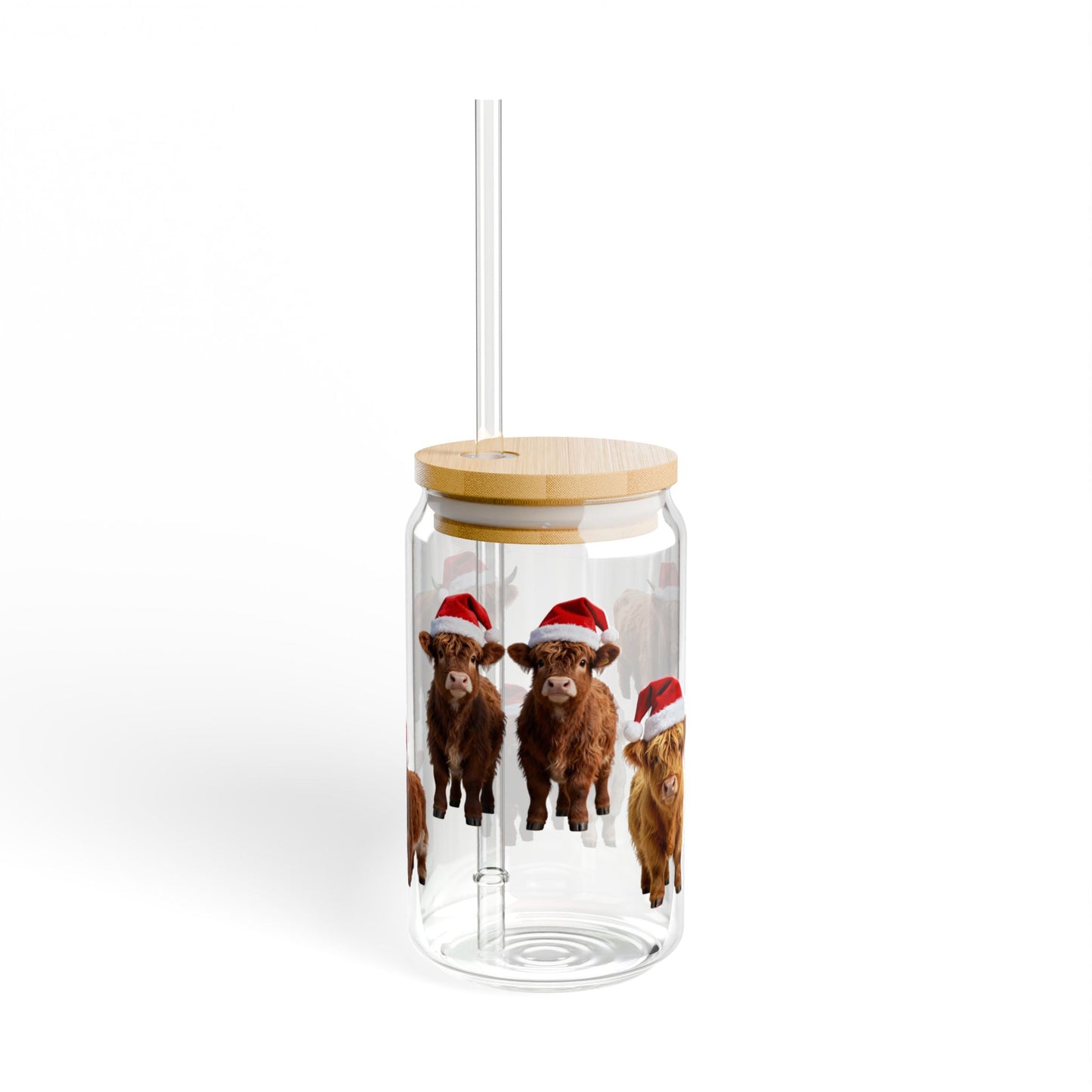 Highland Cow Christmas Glass Cup – 16oz Sipper with Bamboo Lid & Straw