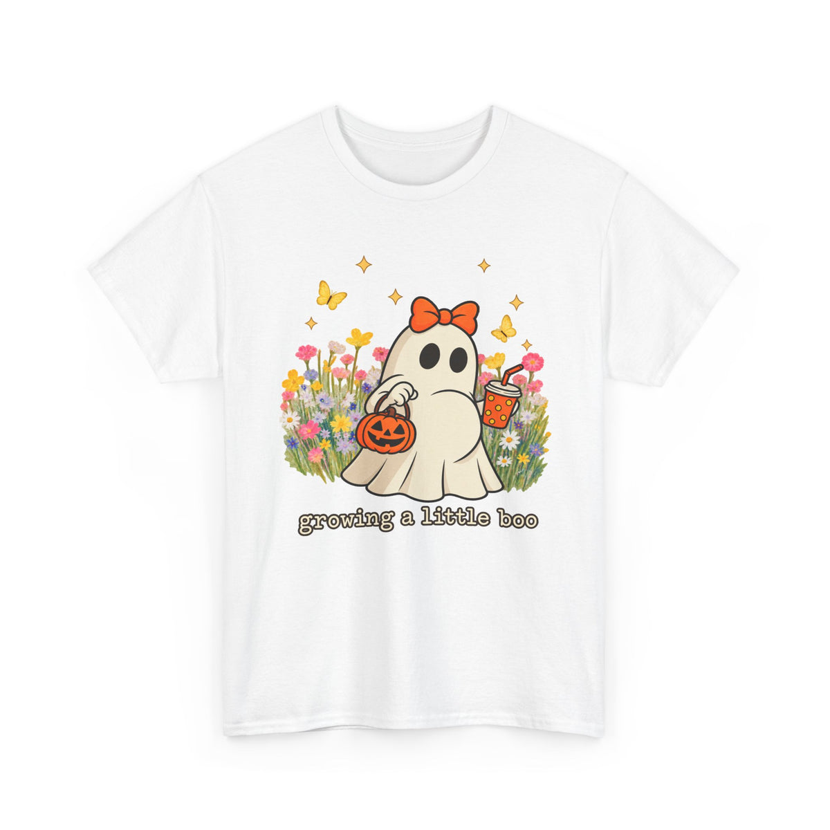 Cute Ghost Tee — "Growing a Little Boo" Halloween Floral Shirt