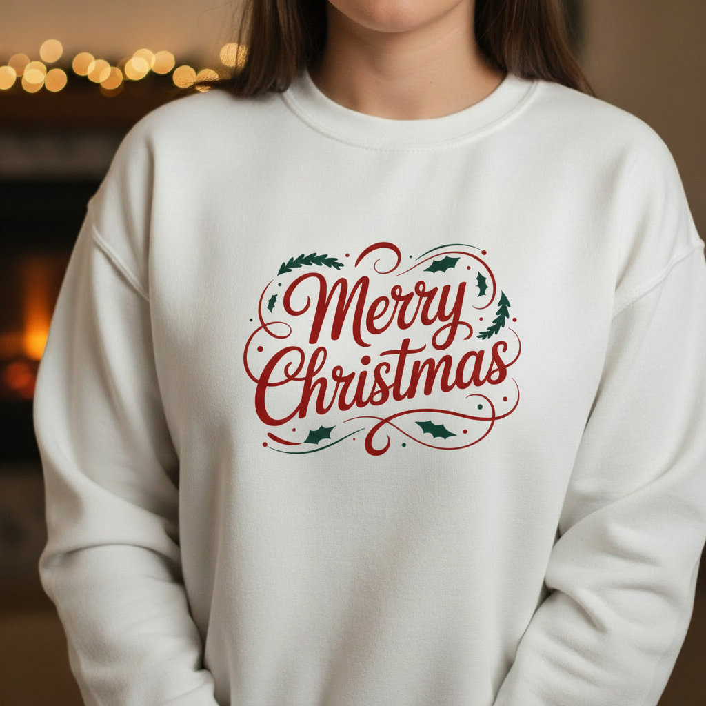 Merry Christmas Script Sweatshirt – Classic Red & Green Holiday Crewneck