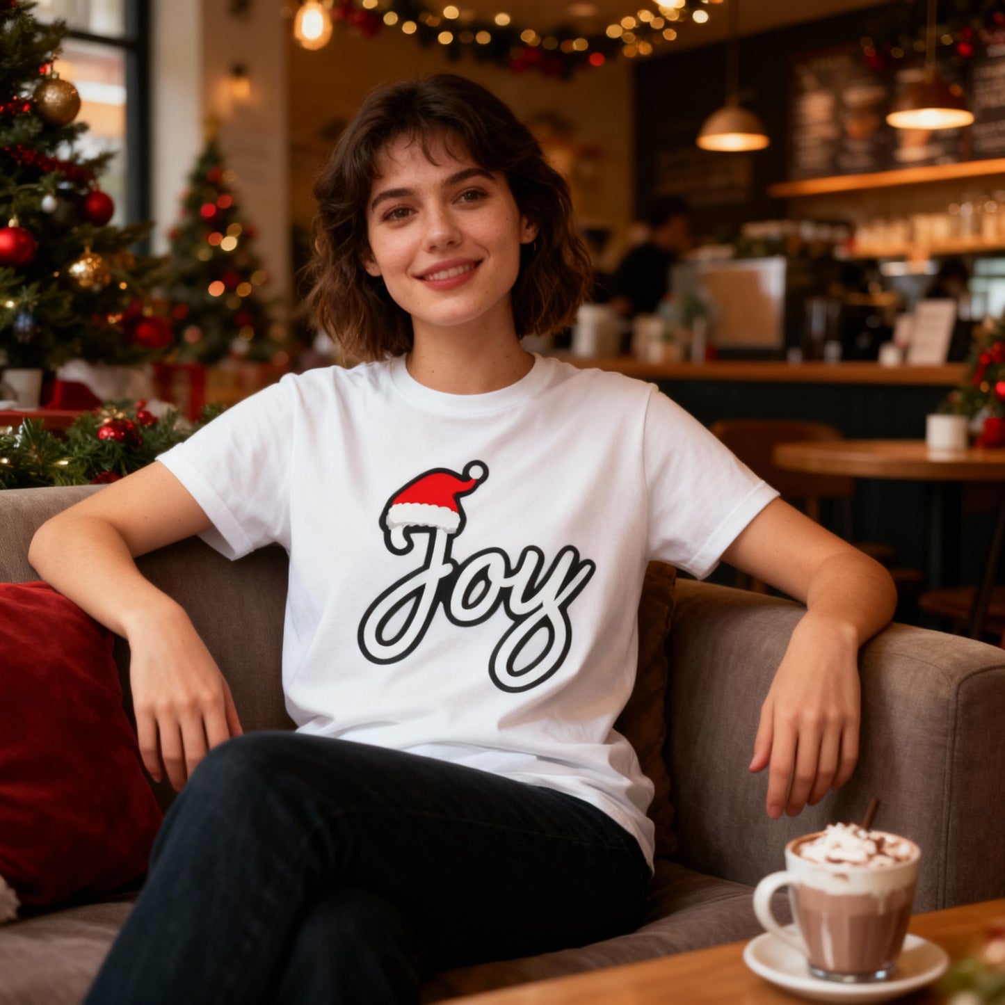 Joy Christmas T-Shirt – Minimal Script Santa Hat Holiday Tee