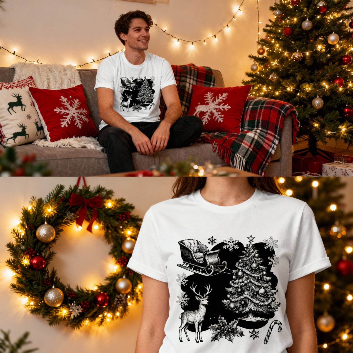 Vintage Christmas Scene T-Shirt – Classic Holiday Sketch Tee