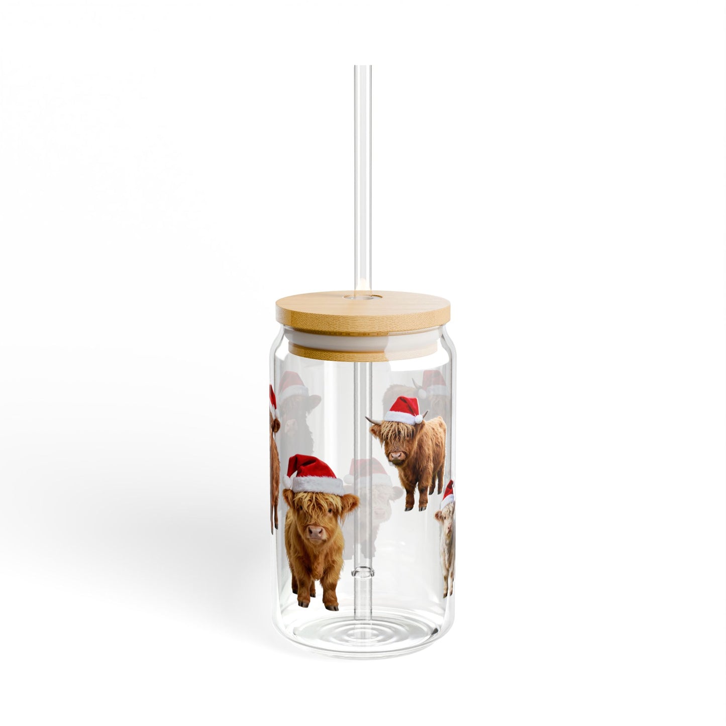 Highland Cow Christmas Glass Cup – 16oz Sipper with Bamboo Lid & Straw