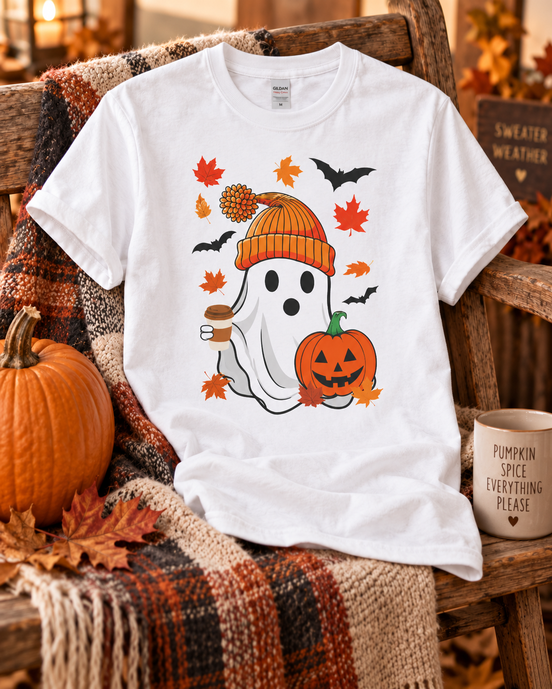 Cute Fall Ghost Halloween T-Shirt – Cozy Autumn Graphic Tee
