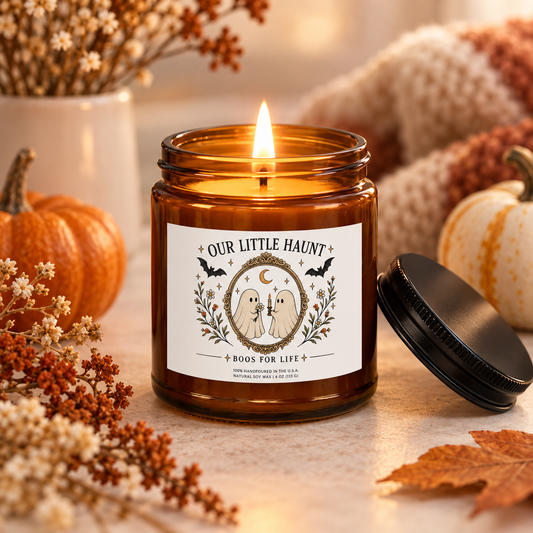 Halloween Ghost Soy Candle — "Our Little Haunt" Amber Jar (4oz)