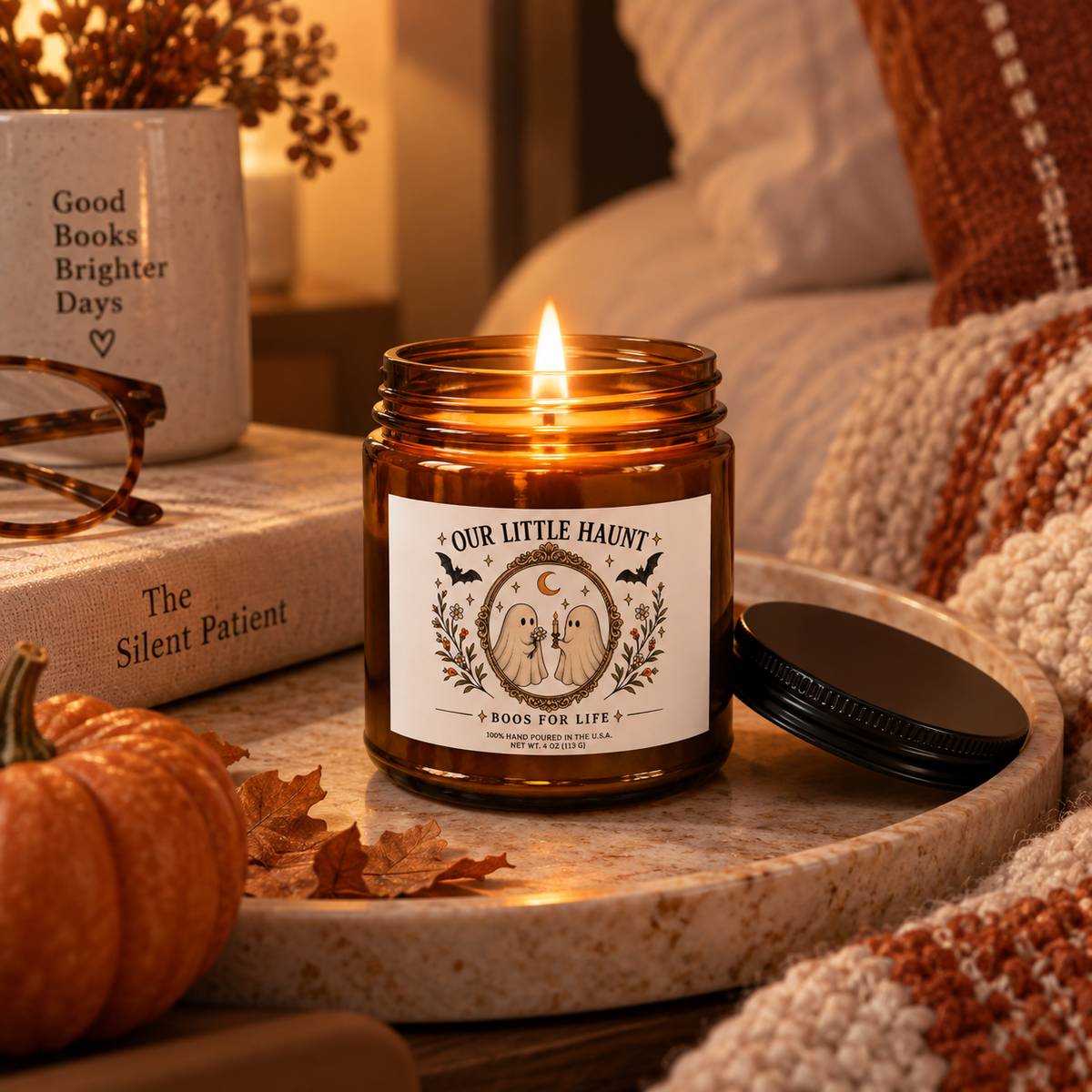 Halloween Ghost Soy Candle — "Our Little Haunt" Amber Jar (4oz)