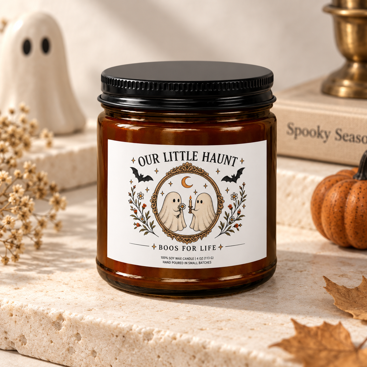 Halloween Ghost Soy Candle — "Our Little Haunt" Amber Jar (4oz)