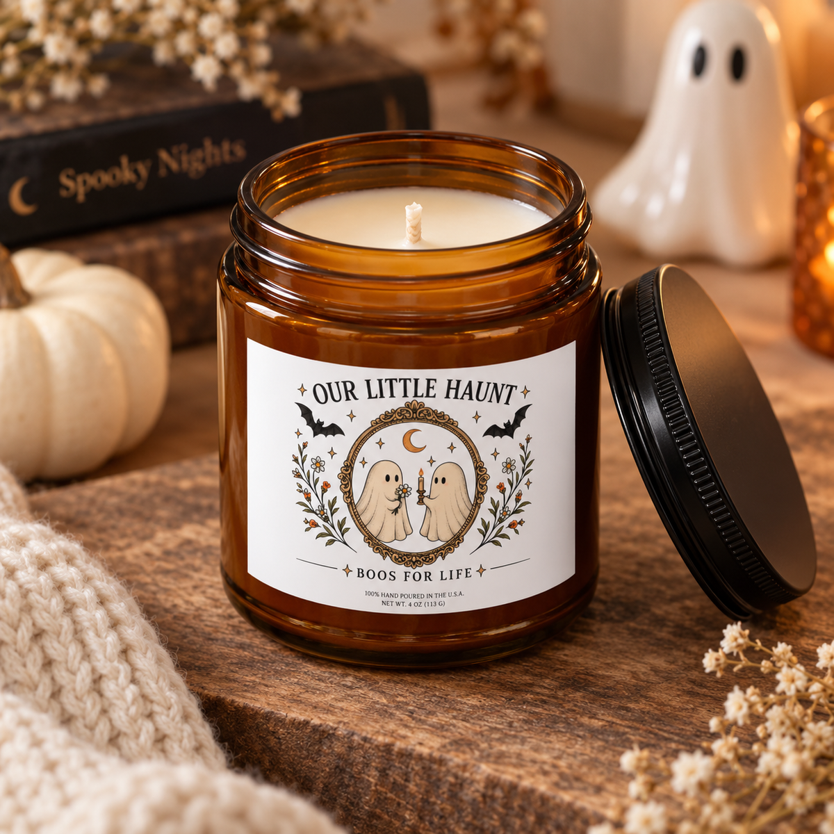 Halloween Ghost Soy Candle — "Our Little Haunt" Amber Jar (4oz)