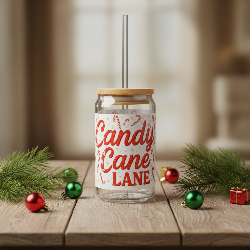 Candy Cane Lane Christmas Slipper Glass – with Bamboo Lid & Straw