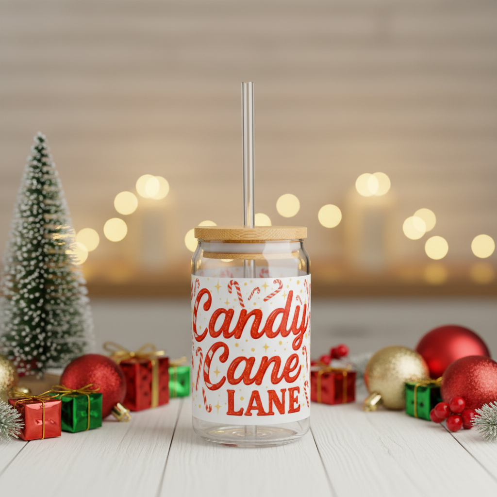 Candy Cane Lane Christmas Slipper Glass – with Bamboo Lid & Straw