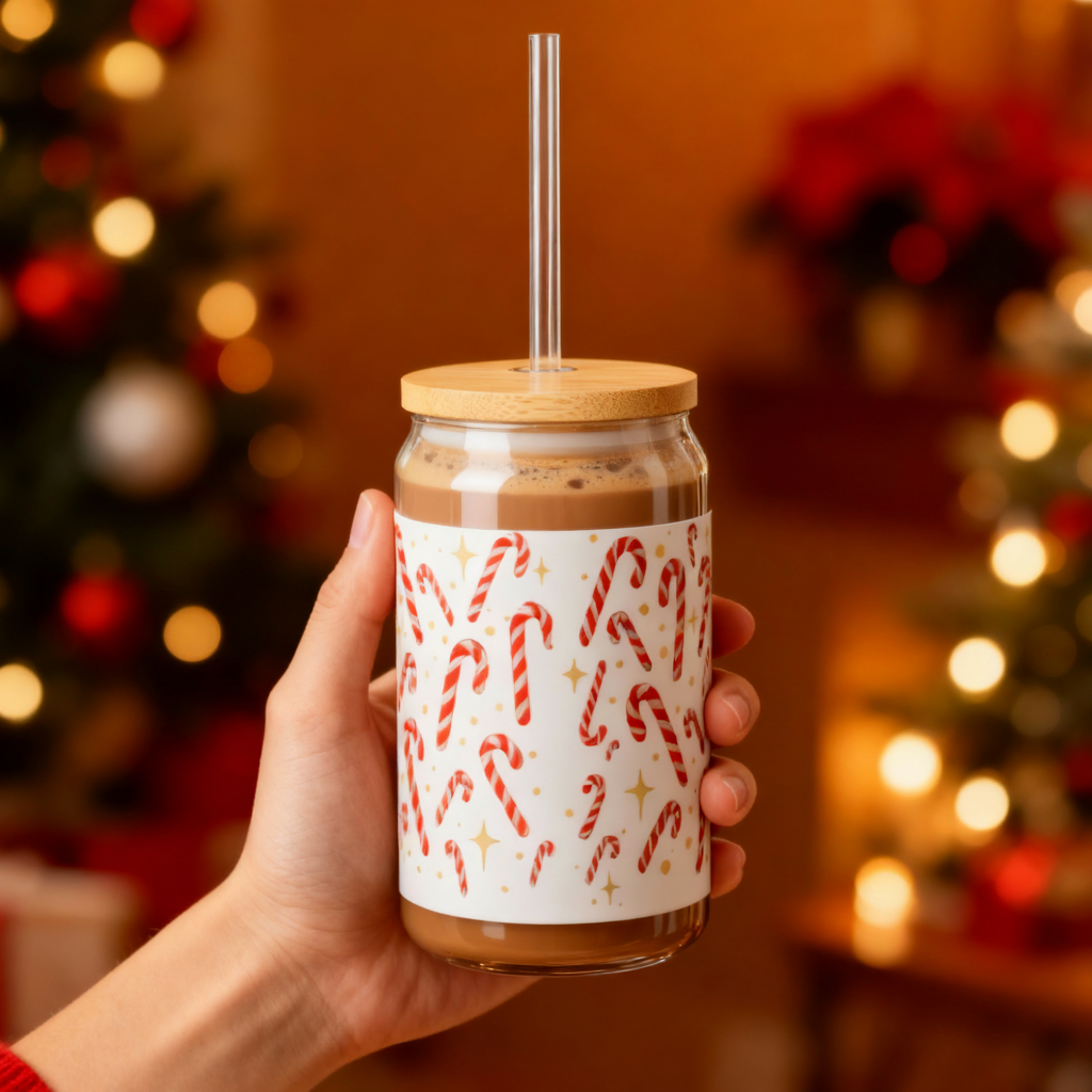 Candy Cane Lane Christmas Slipper Glass – with Bamboo Lid & Straw