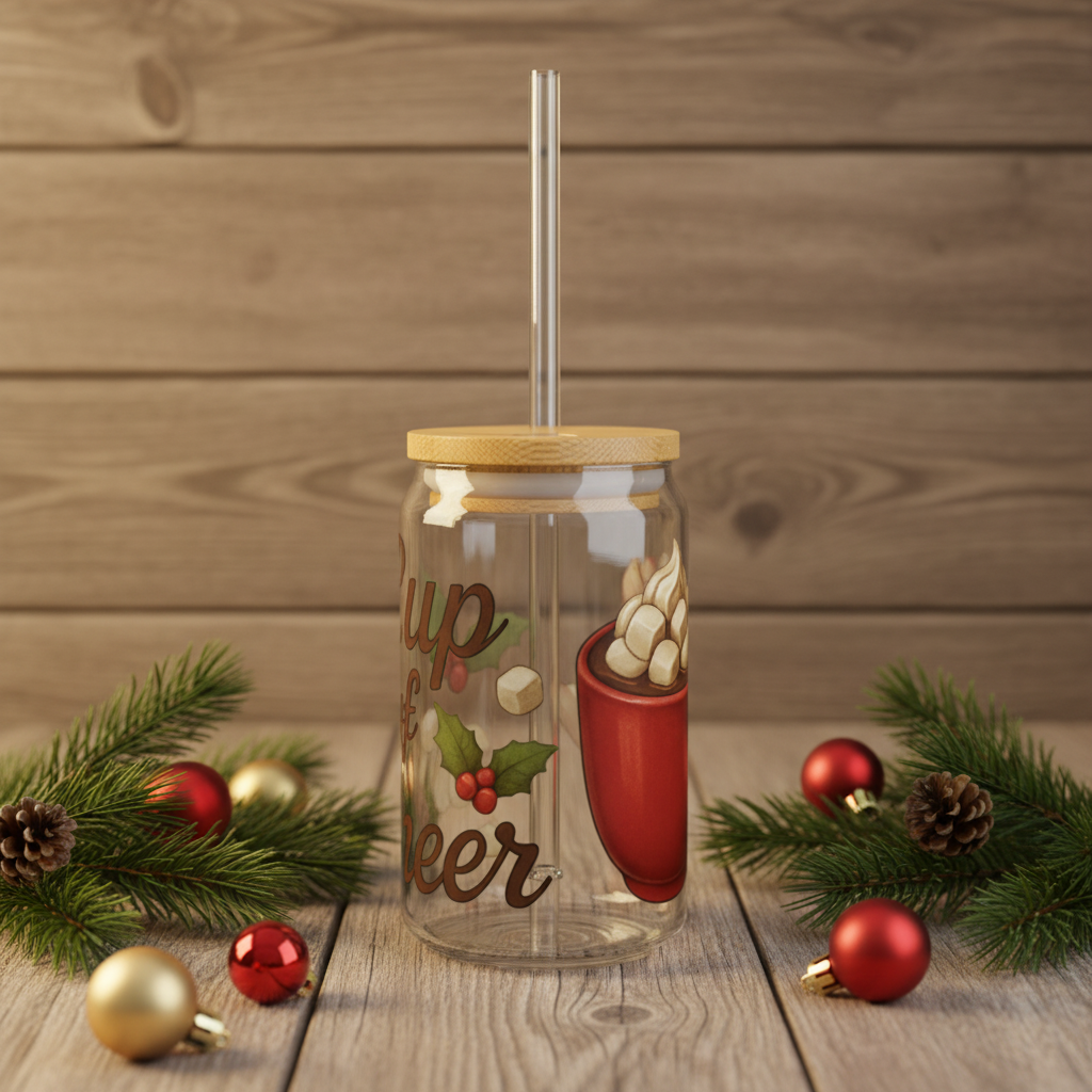 Cup of Cheer Christmas Slipper Glass – 16oz with Bamboo Lid & Straw