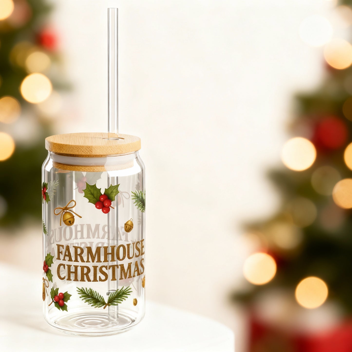 Farmhouse Christmas Slipper Glass – 16oz with Bamboo Lid & Straw