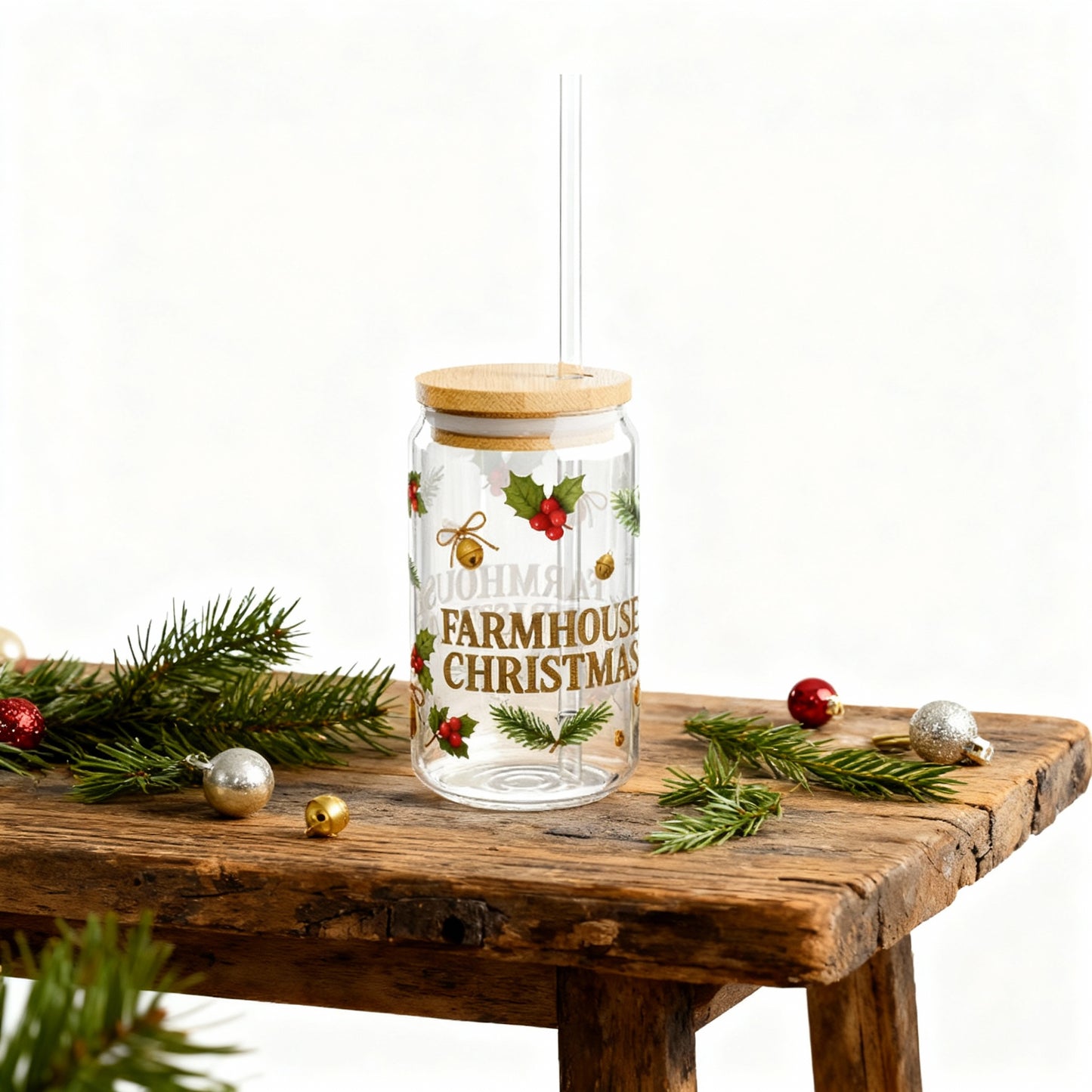 Farmhouse Christmas Slipper Glass – 16oz with Bamboo Lid & Straw