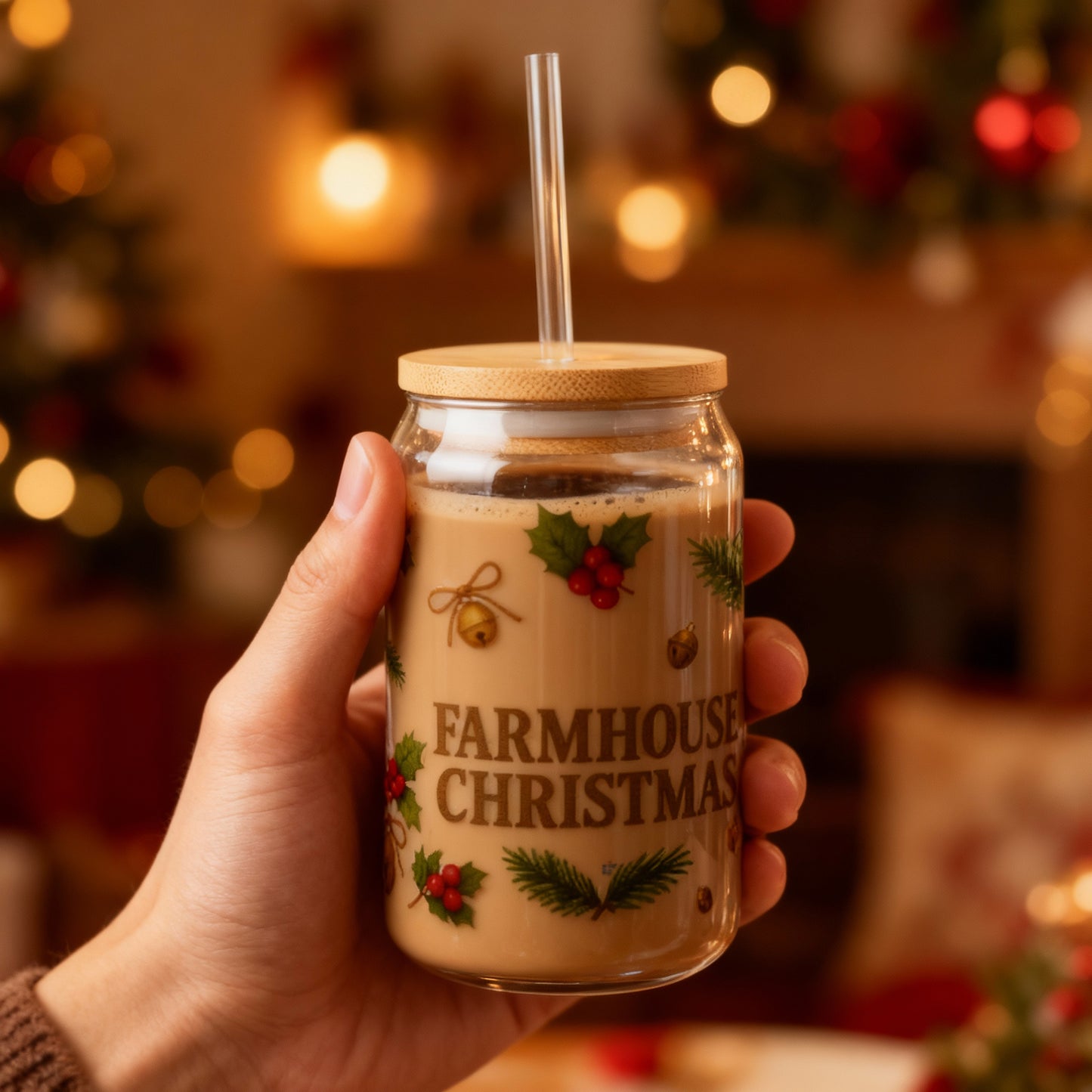 Farmhouse Christmas Slipper Glass – 16oz with Bamboo Lid & Straw