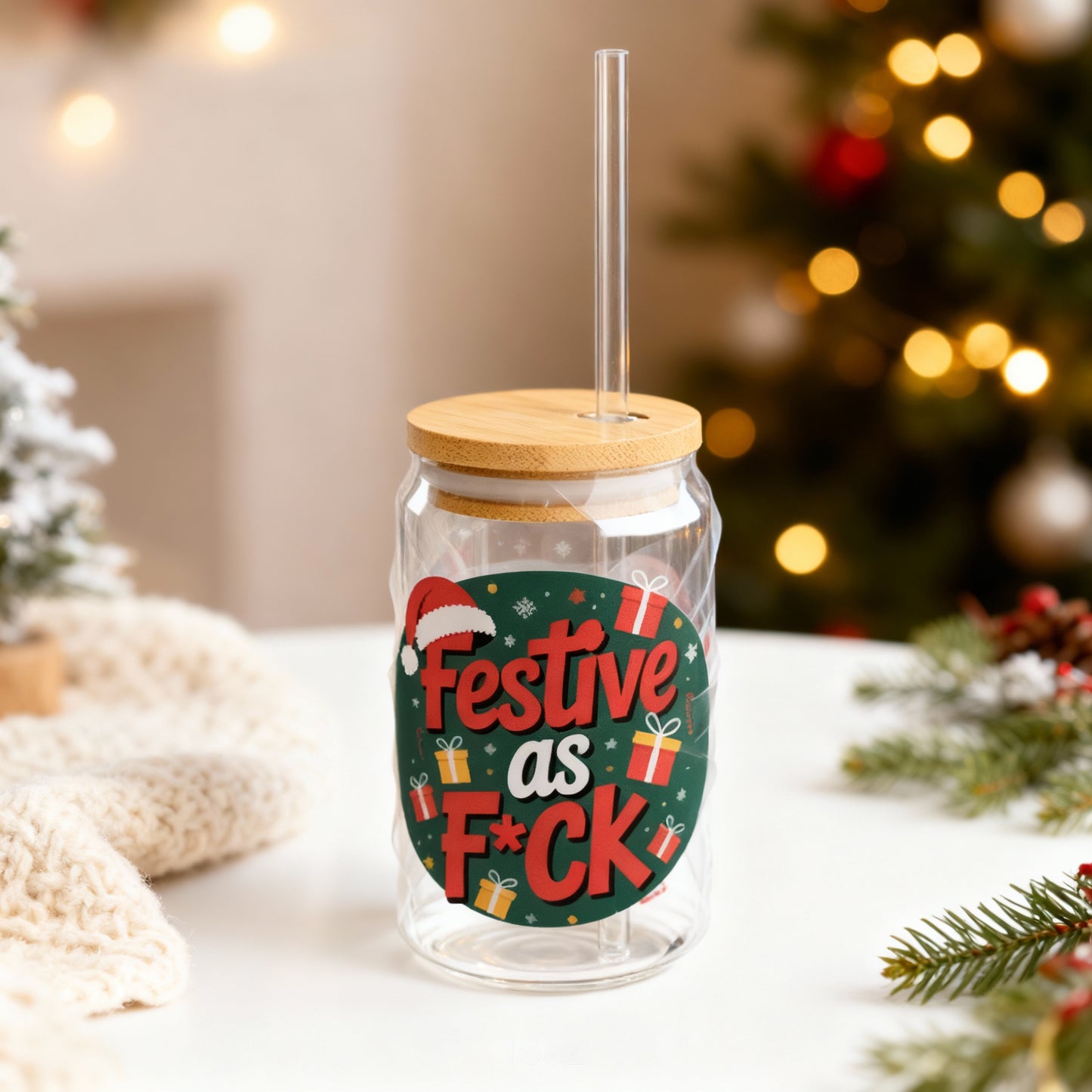 Festive as F*ck Christmas Slipper Glass – 16oz with Bamboo Lid & Straw