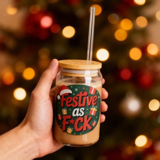 Festive as F*ck Christmas Slipper Glass – 16oz with Bamboo Lid & Straw