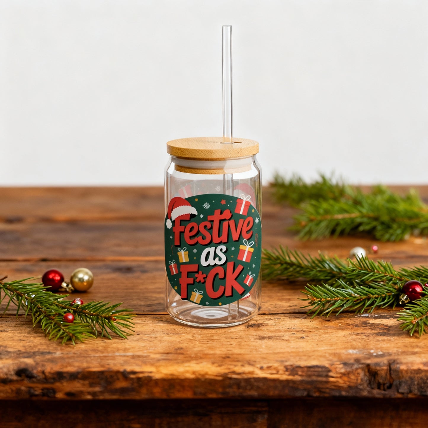 Festive as F*ck Christmas Slipper Glass – 16oz with Bamboo Lid & Straw