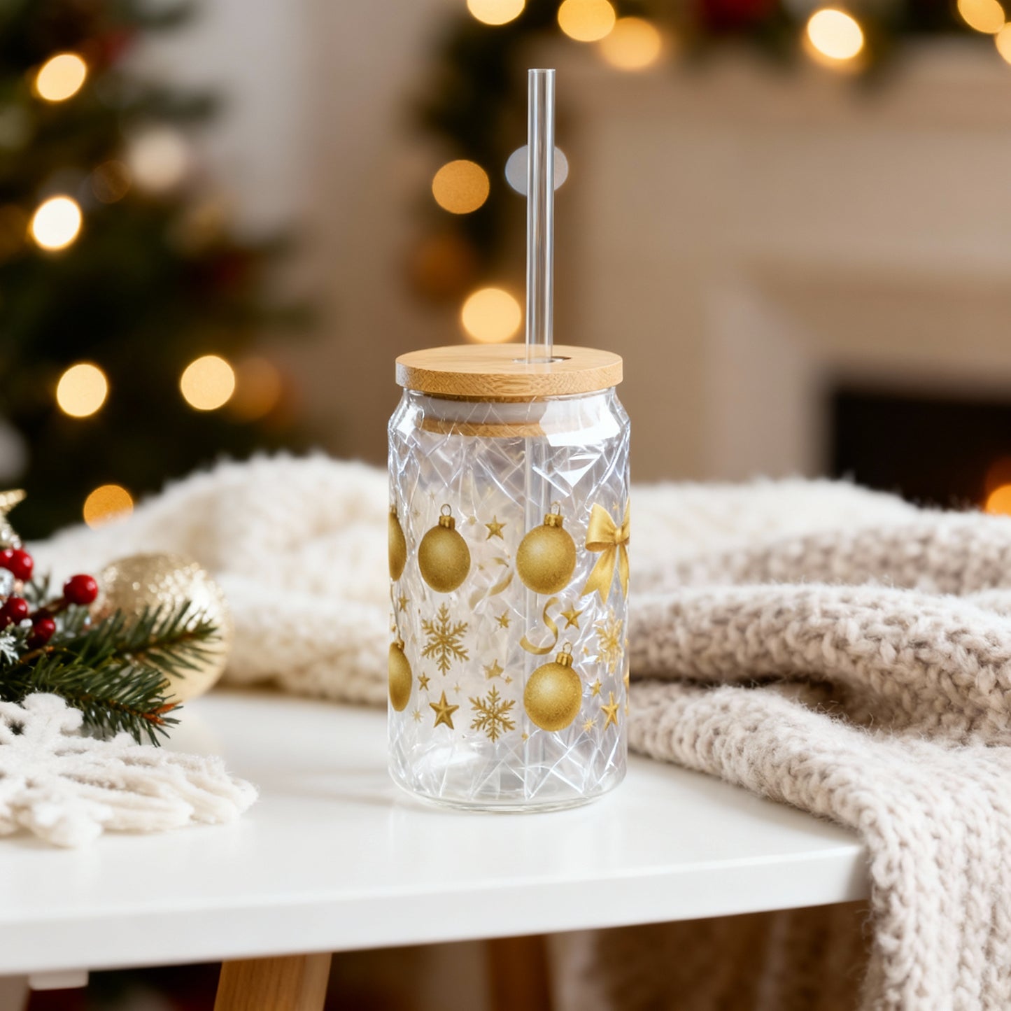 Gold Ornaments Christmas Slipper Glass  – 16oz with Bamboo Lid & Straw