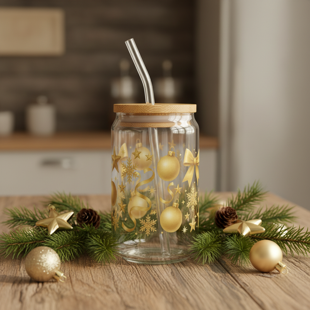 Gold Ornaments Christmas Slipper Glass  – 16oz with Bamboo Lid & Straw