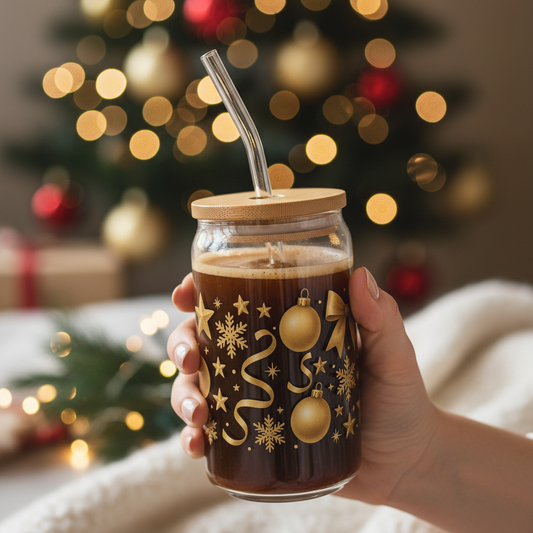 Gold Ornaments Christmas Slipper Glass  – 16oz with Bamboo Lid & Straw