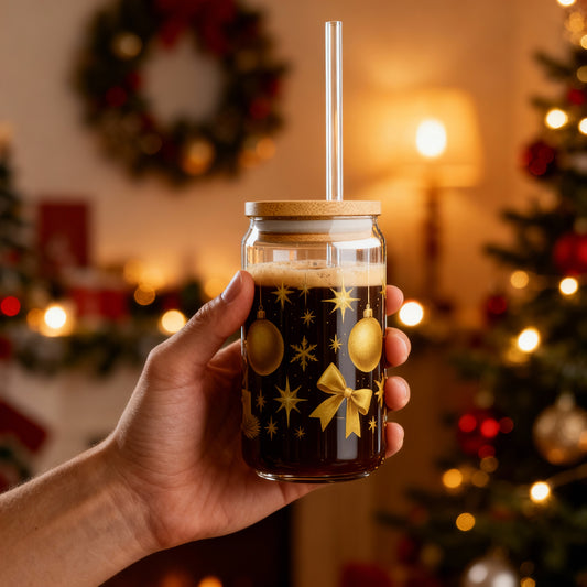 Gold Stars Christmas Slipper Glass – 16oz with Bamboo Lid & Straw