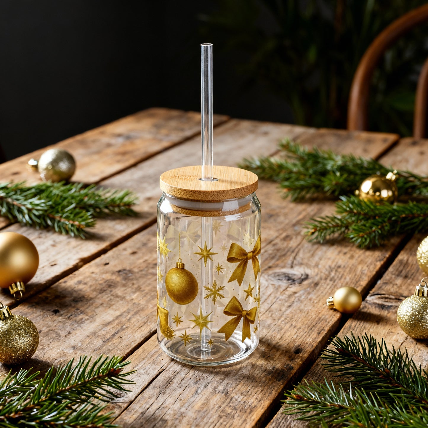 Gold Stars Christmas Slipper Glass – 16oz with Bamboo Lid & Straw