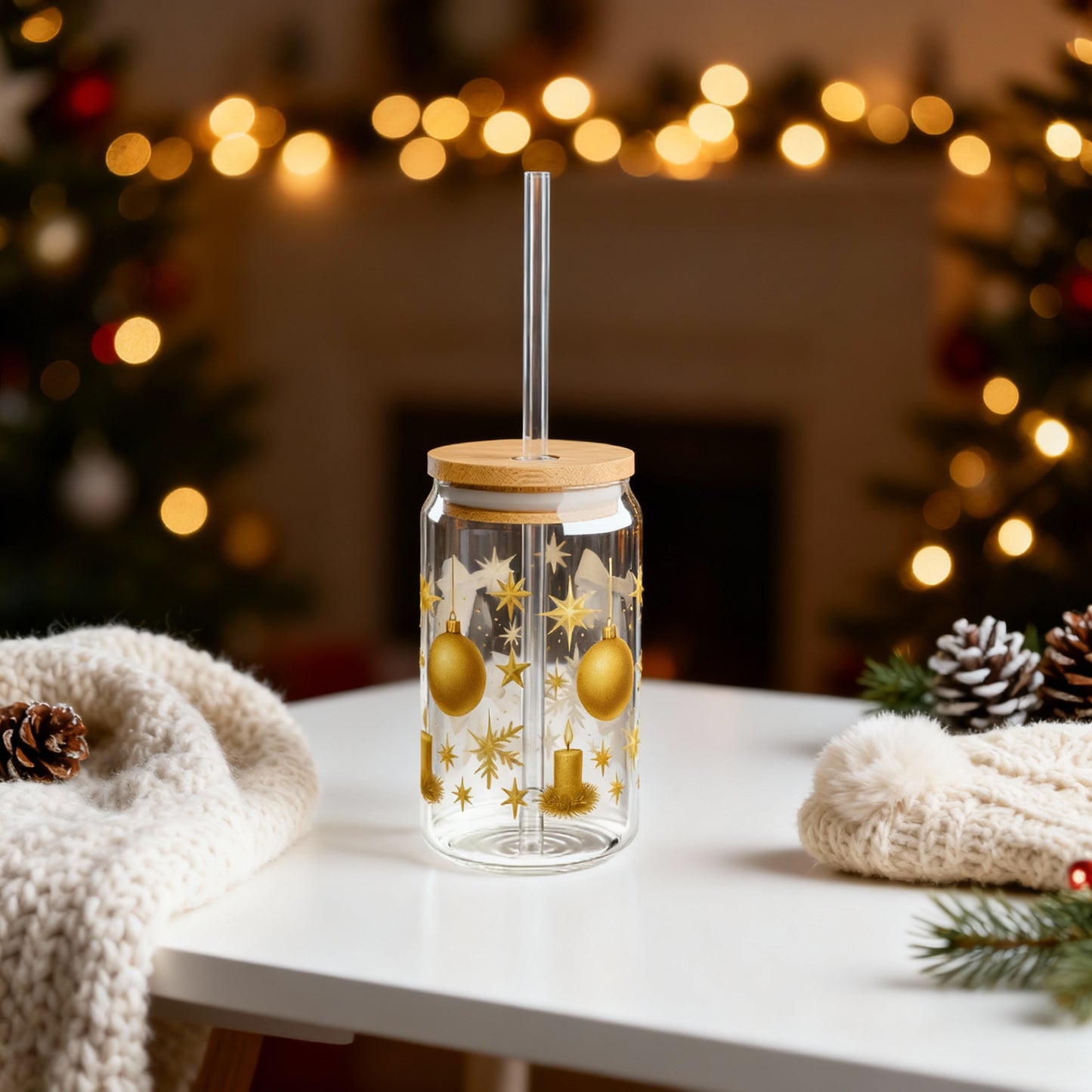 Gold Stars Christmas Slipper Glass – 16oz with Bamboo Lid & Straw