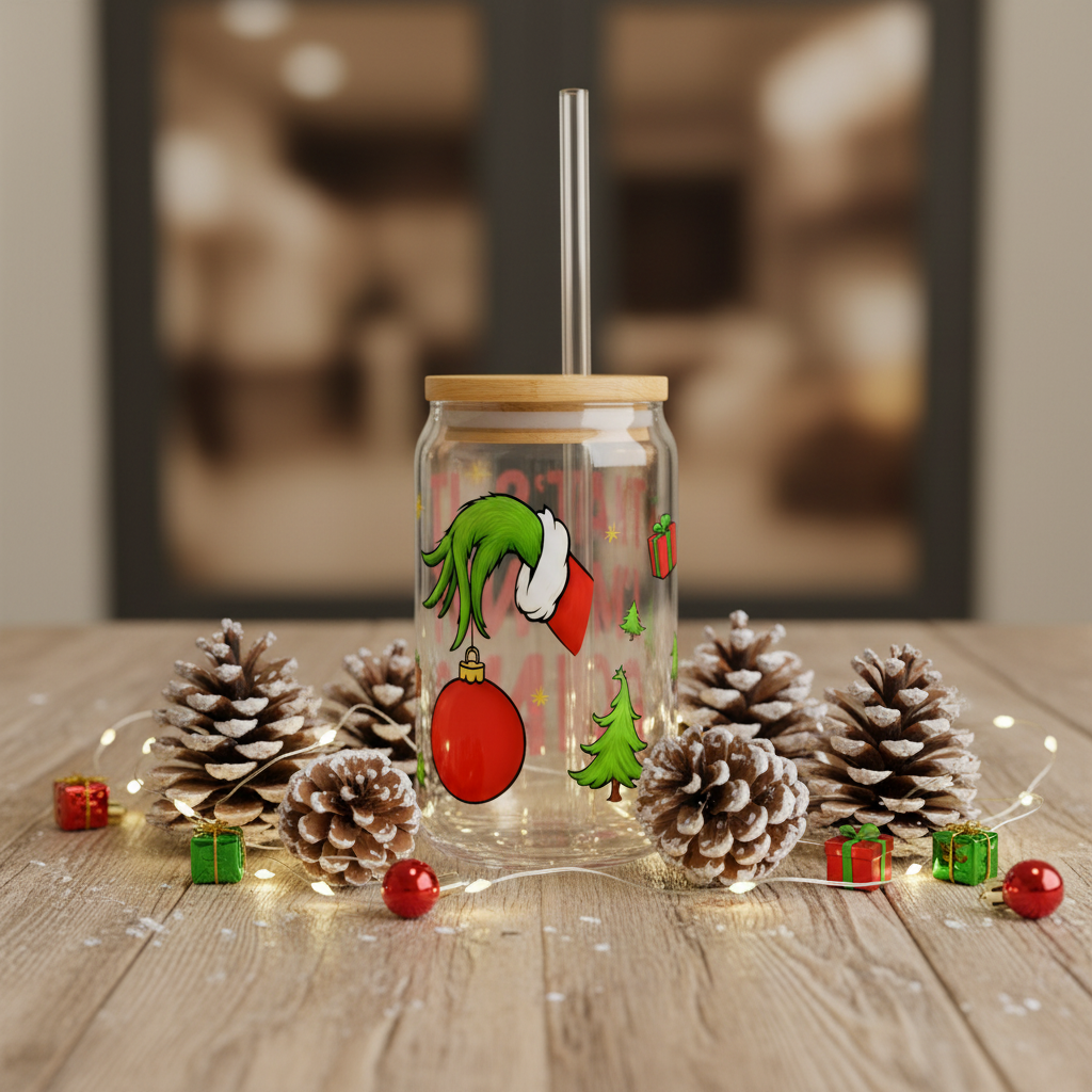 “That’s It, I’m Not Going” Christmas Slipper Glass Cup – 16oz with Bamboo Lid & Straw