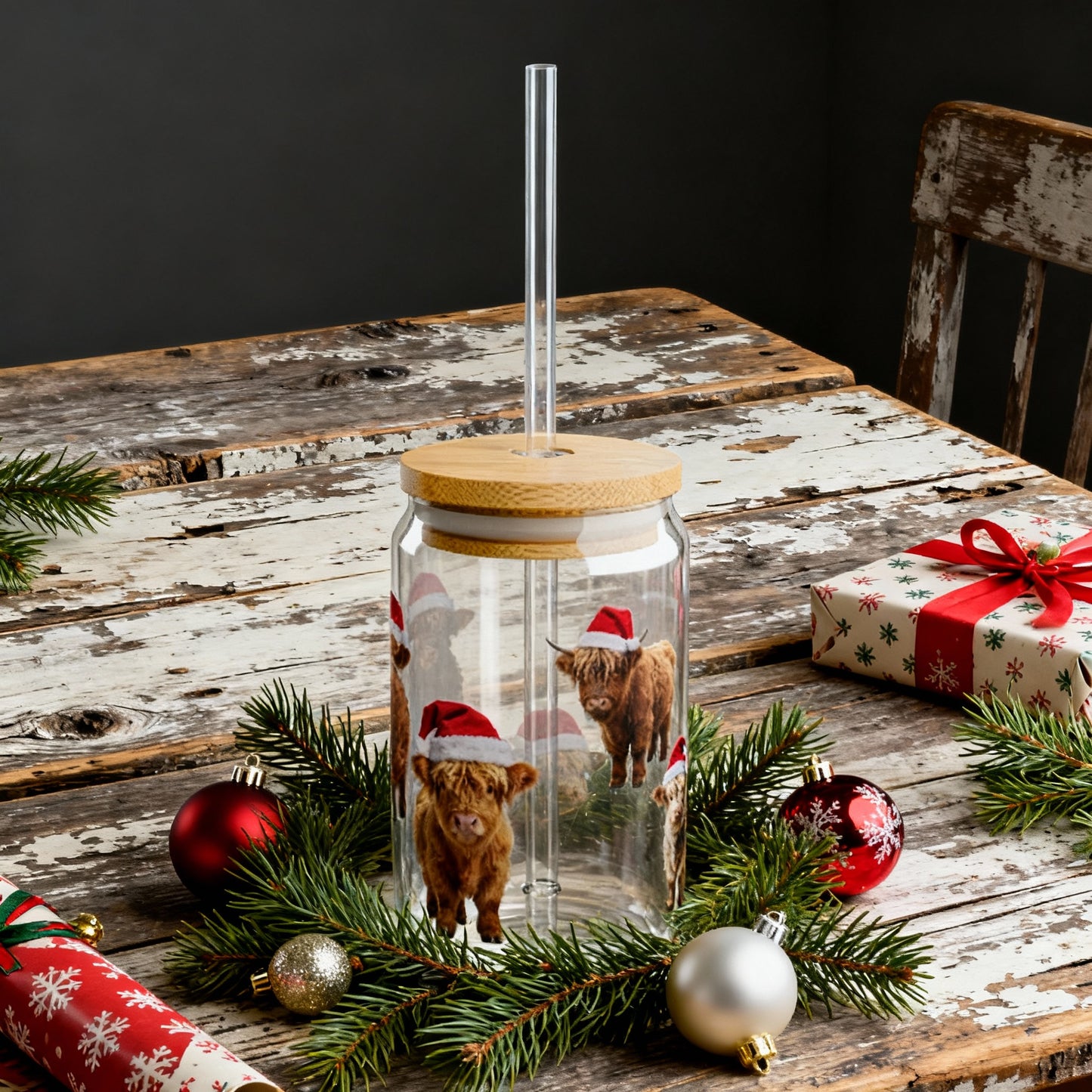 Highland Cow Christmas Glass Cup – 16oz Sipper with Bamboo Lid & Straw