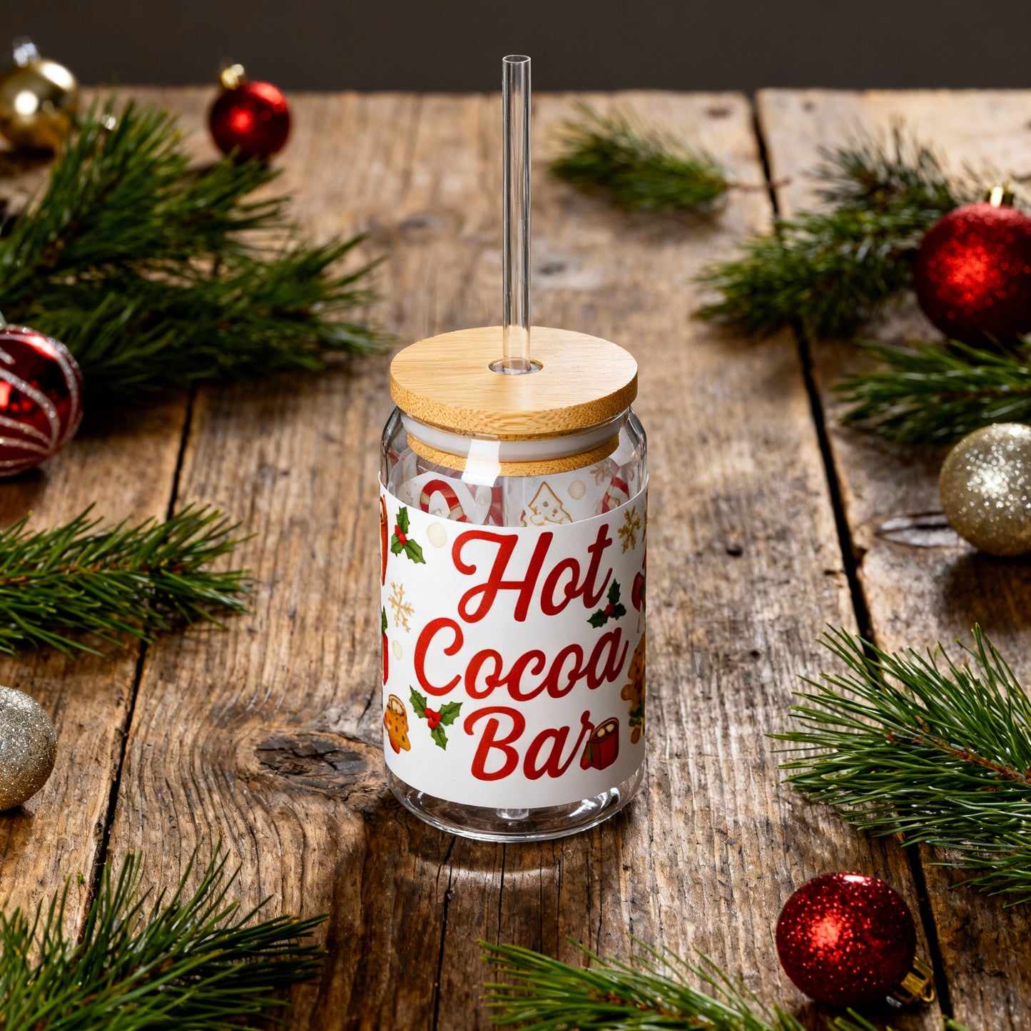 Hot Cocoa Bar Christmas Slipper Glass – 16oz with Bamboo Lid & Straw