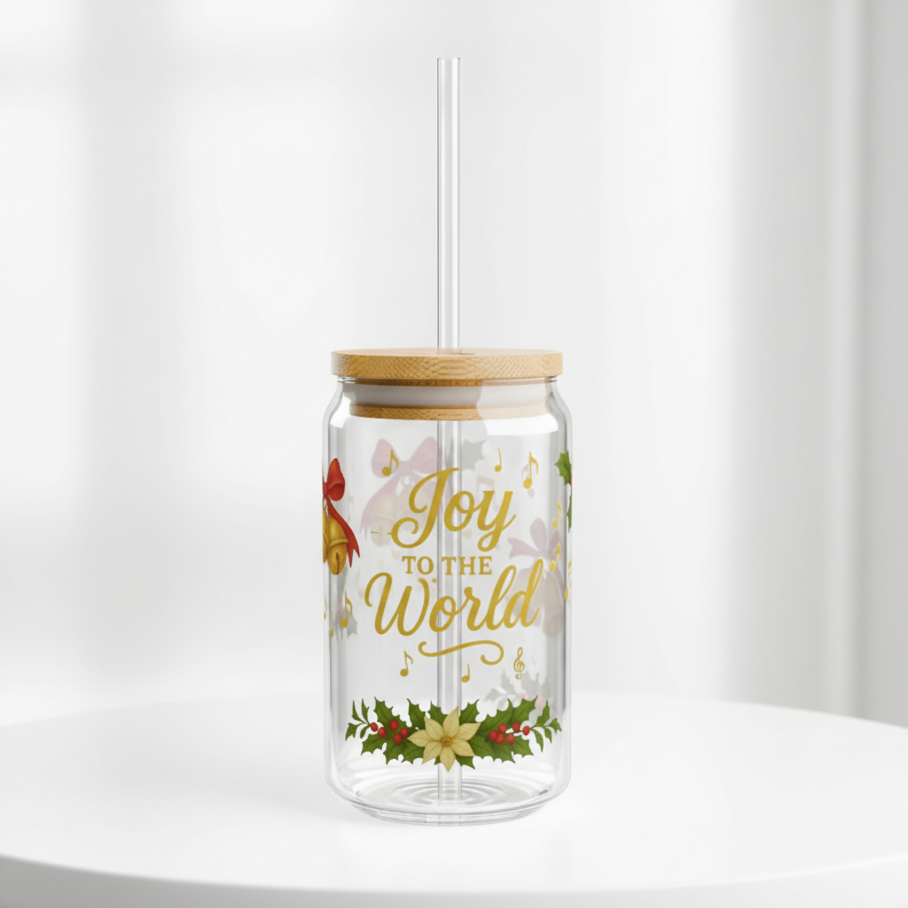 Joy to the World Christmas Slipper Glass – 16oz with Bamboo Lid & Straw