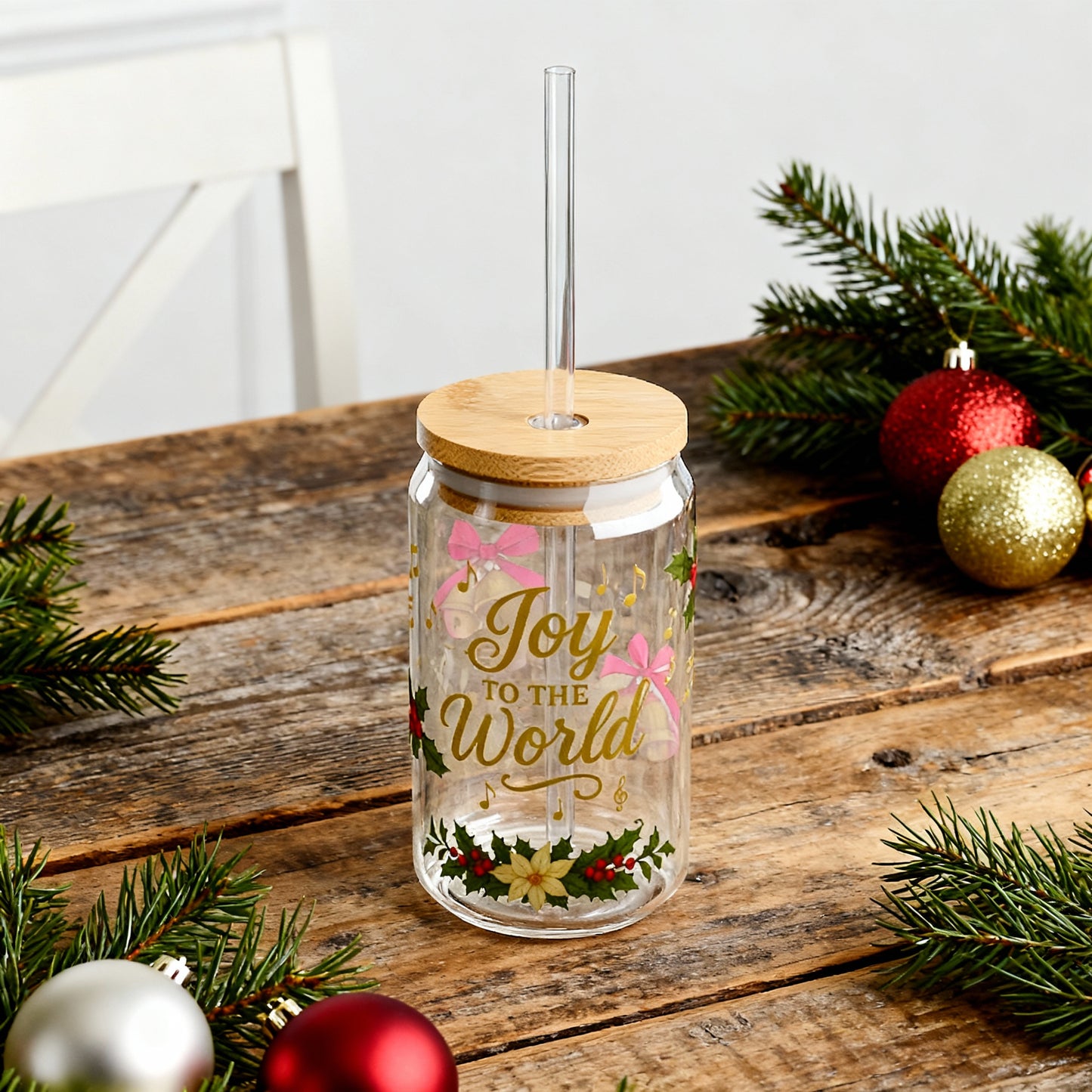 Joy to the World Christmas Slipper Glass – 16oz with Bamboo Lid & Straw