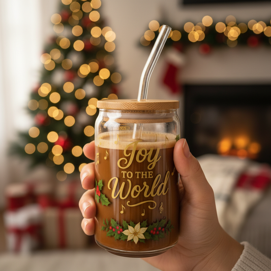 Joy to the World Christmas Slipper Glass – 16oz with Bamboo Lid & Straw