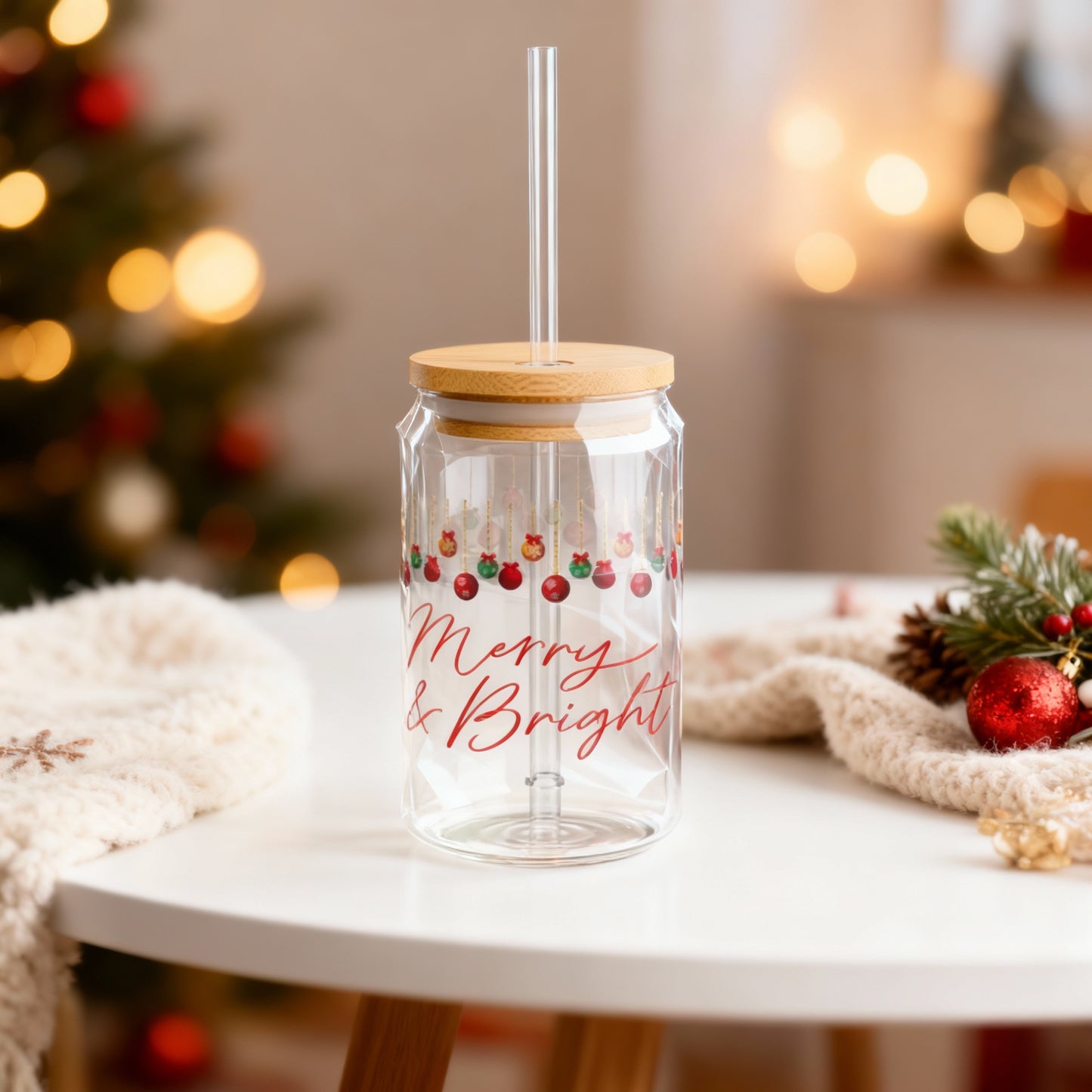 Merry & Bright Christmas Slipper Glass – 16oz with Bamboo Lid & Straw