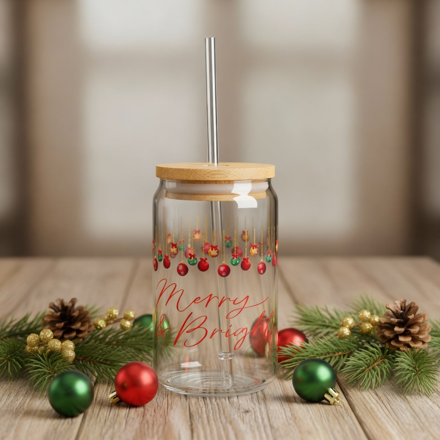 Merry & Bright Christmas Slipper Glass – 16oz with Bamboo Lid & Straw