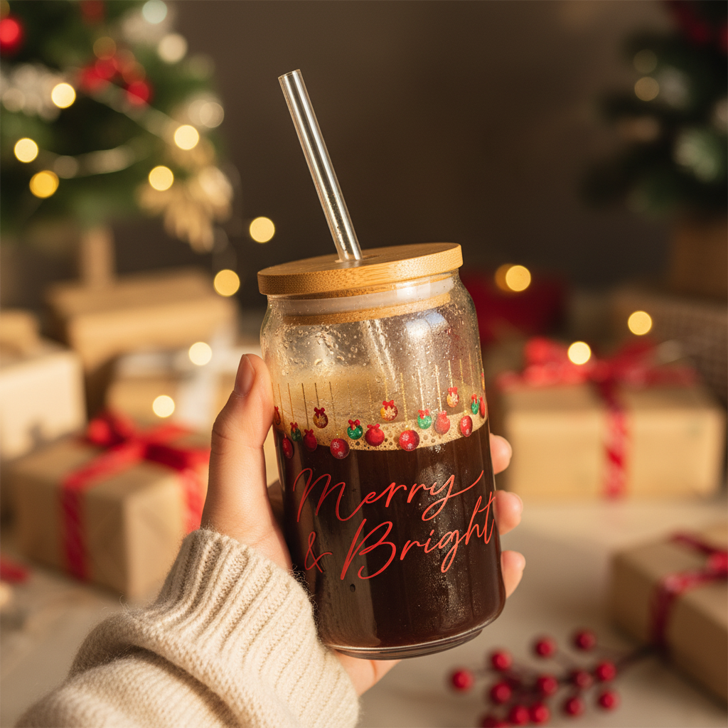 Merry & Bright Christmas Slipper Glass – 16oz with Bamboo Lid & Straw