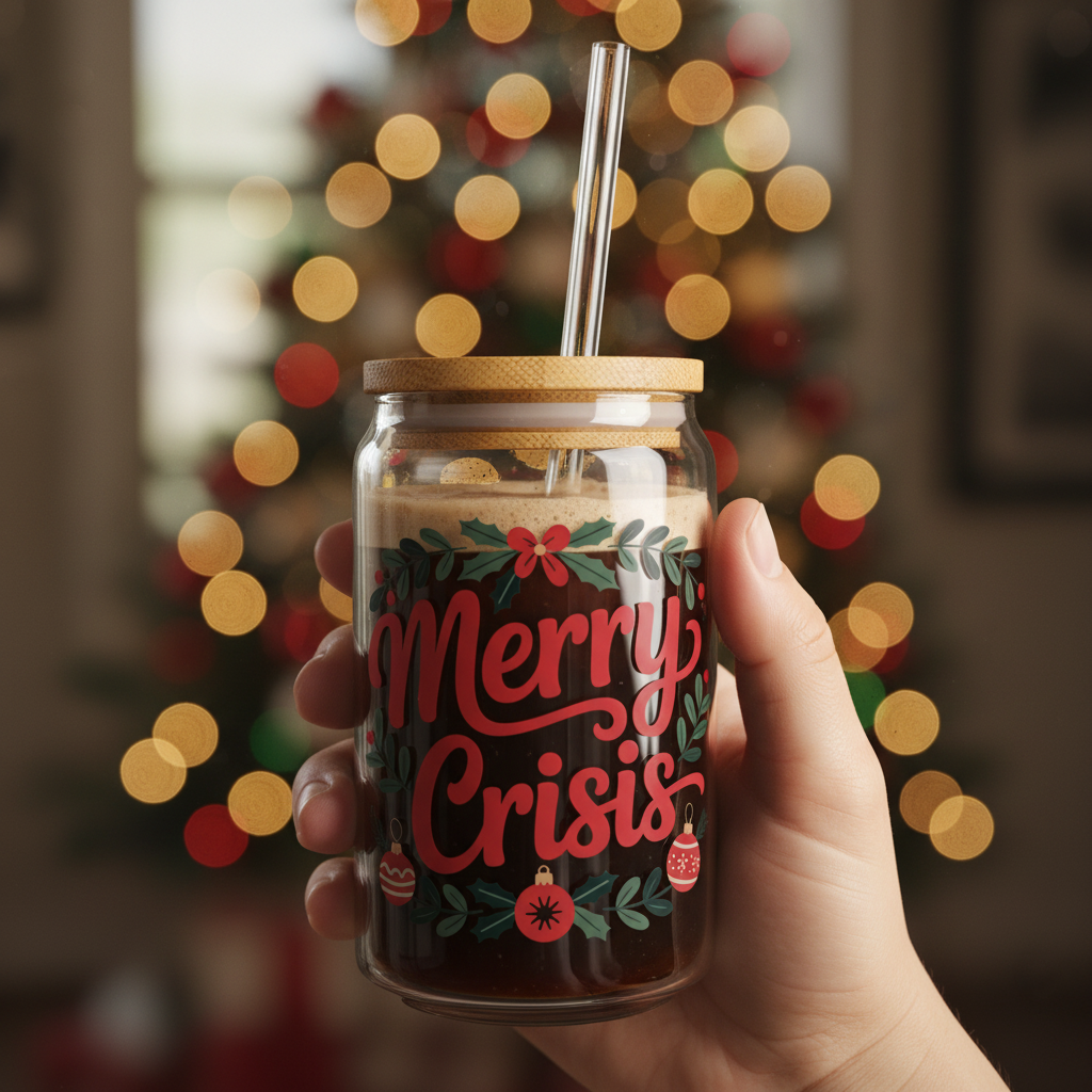 Merry Crisis Christmas Sipper Glass – 16oz with Bamboo Lid & Straw