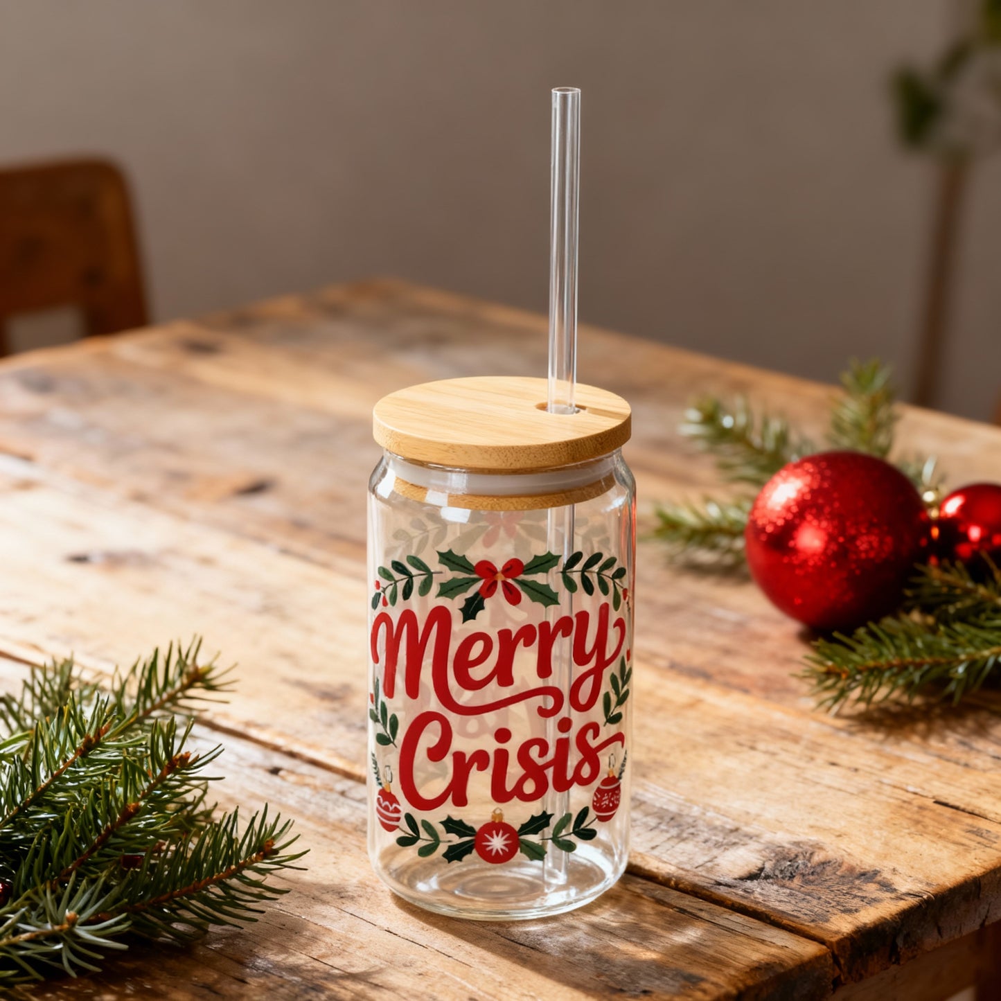 Merry Crisis Christmas Sipper Glass – 16oz with Bamboo Lid & Straw